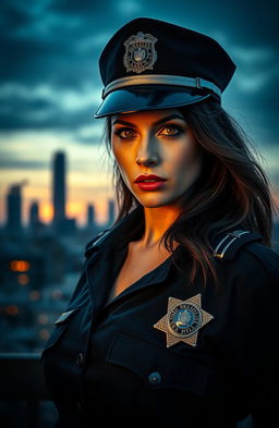 A dramatic scene depicting a woman in a police uniform, embodying themes of revenge, love, and cold determination