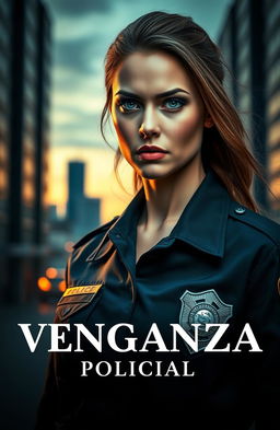 A dramatic scene depicting a woman in a police uniform, embodying themes of revenge, love, and cold determination