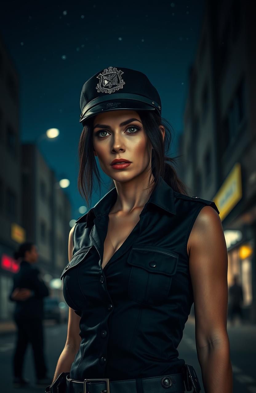 A dramatic scene titled 'Venganza', featuring a cold, fierce-looking woman dressed in a sleek police uniform standing in an urban setting at night