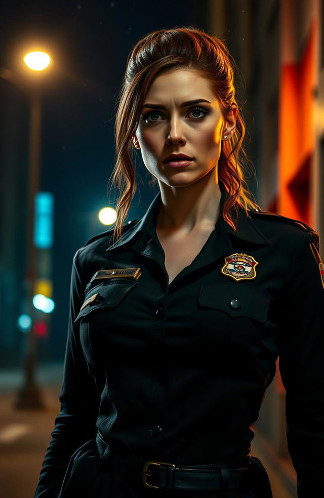 A dramatic scene titled 'Venganza', featuring a cold, fierce-looking woman dressed in a sleek police uniform standing in an urban setting at night