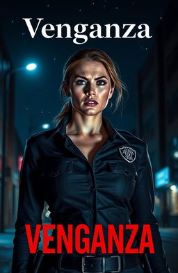 A dramatic scene titled 'Venganza', featuring a cold, fierce-looking woman dressed in a sleek police uniform standing in an urban setting at night