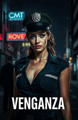 A dramatic scene titled 'Venganza', featuring a cold, fierce-looking woman dressed in a sleek police uniform standing in an urban setting at night