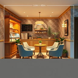 A cozy bakery interior space measuring 3