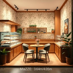 A cozy bakery interior space measuring 3