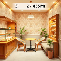 A cozy bakery interior space measuring 3