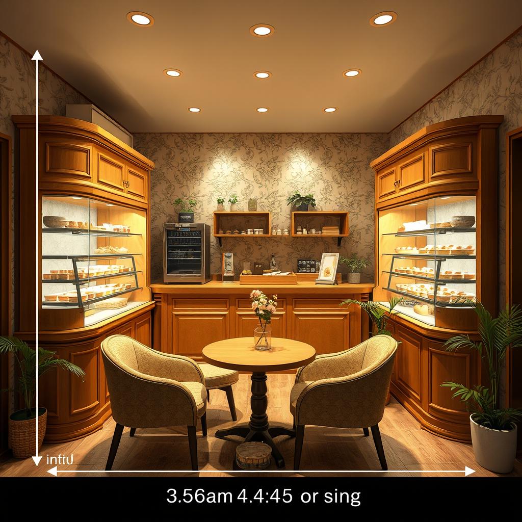 A cozy bakery interior space measuring 3