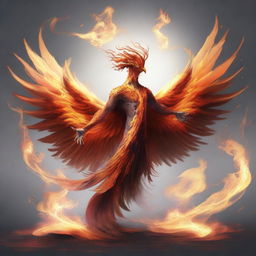 Phoenixperson - an intriguing hybrid of powerful, fiery phoenix and human, with ashes swirling around his form in a dance of rebirth and transformation