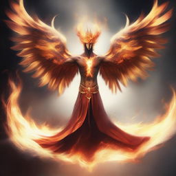 Phoenixperson - an intriguing hybrid of powerful, fiery phoenix and human, with ashes swirling around his form in a dance of rebirth and transformation