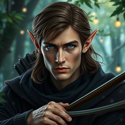 An elf man with medium length brown hair and dark blue eyes, showcasing a serious expression