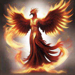 Phoenixperson - an intriguing hybrid of powerful, fiery phoenix and human, with ashes swirling around his form in a dance of rebirth and transformation