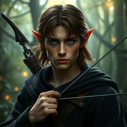 An elf man with medium length brown hair and dark blue eyes, showcasing a serious expression