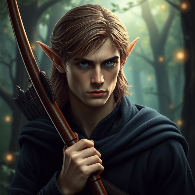 An elf man with medium length brown hair and dark blue eyes, showcasing a serious expression