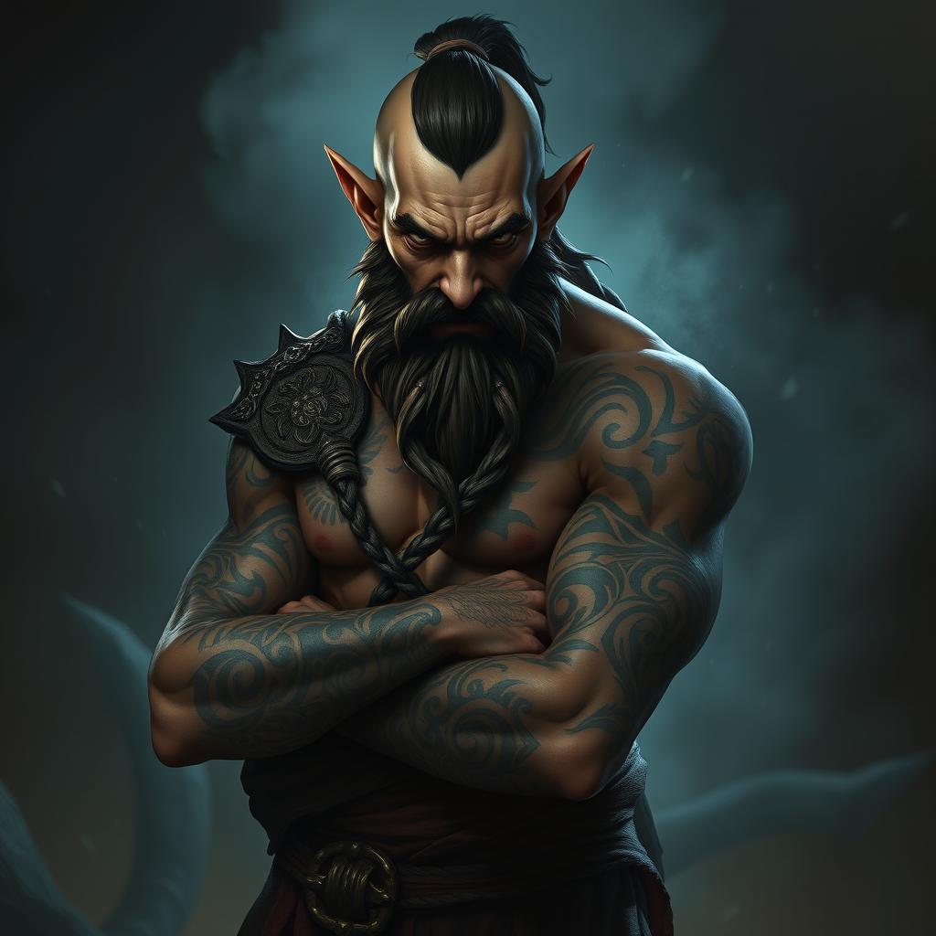 An evil halfling monk with a lean muscular body, prominently featuring intricate tattoos covering his arms and torso