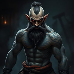 An evil halfling monk with a lean muscular body, prominently featuring intricate tattoos covering his arms and torso