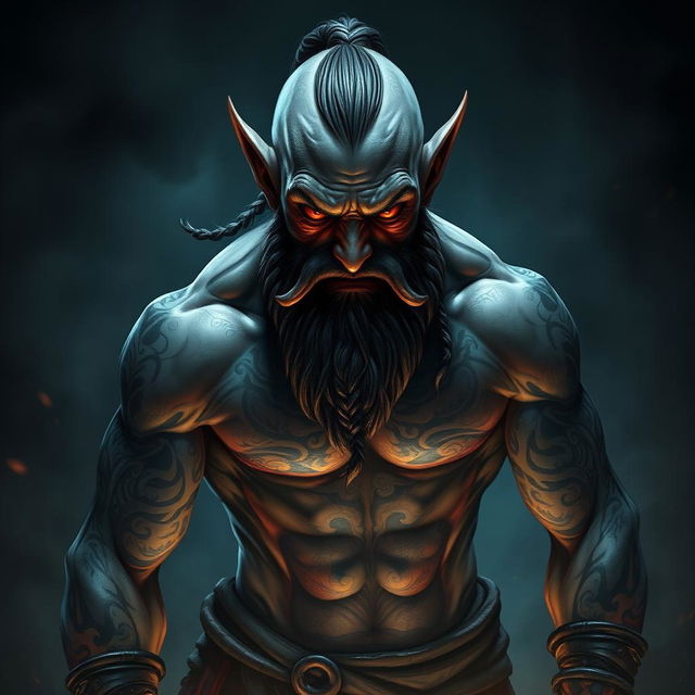 An evil halfling monk with a lean muscular body, prominently featuring intricate tattoos covering his arms and torso