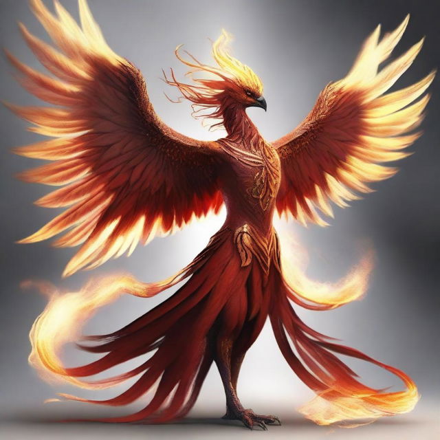 Phoenixperson - an intriguing hybrid of powerful, fiery phoenix and human, with ashes swirling around his form in a dance of rebirth and transformation