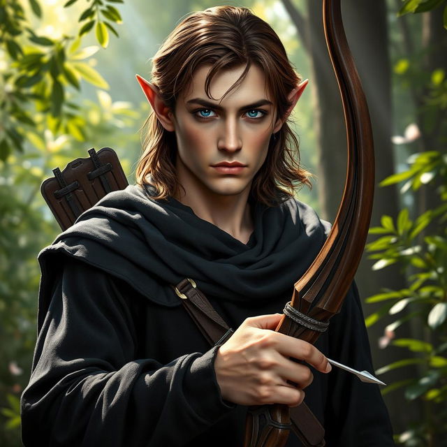 An elf man with medium length brown hair and striking dark blue eyes, displaying a serious expression