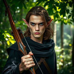 An elf man with medium length brown hair and striking dark blue eyes, displaying a serious expression