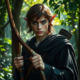 An elf man with medium length brown hair and striking dark blue eyes, displaying a serious expression