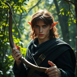 An elf man with medium length brown hair and striking dark blue eyes, displaying a serious expression