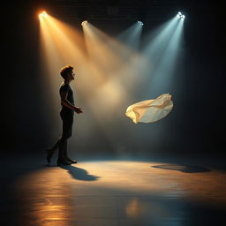 A dimly lit dance stage with dramatic spotlights casting long shadows on a polished floor, layered with subtle, hazy textures of mist for an ethereal atmosphere