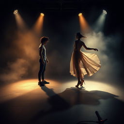 A dimly lit dance stage with dramatic spotlights casting long shadows on a polished floor, layered with subtle, hazy textures of mist for an ethereal atmosphere