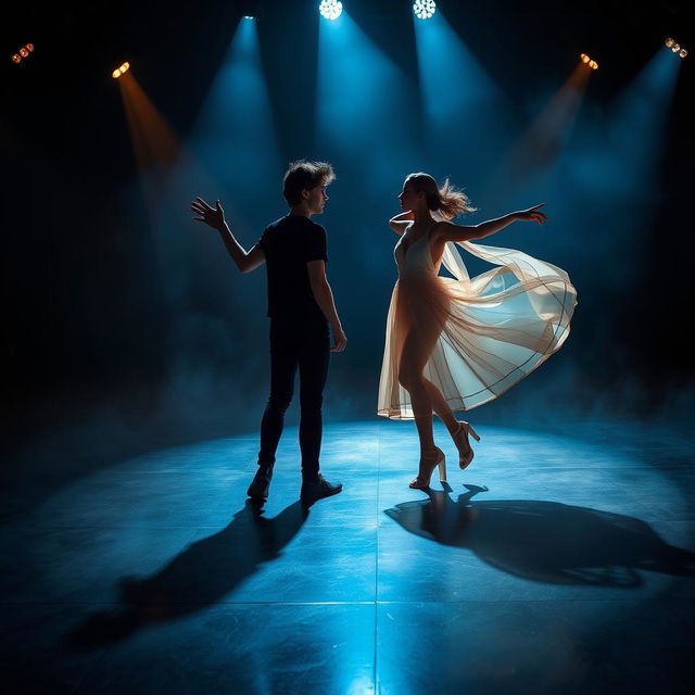 A dimly lit dance stage with dramatic spotlights casting long shadows on a polished floor, layered with subtle, hazy textures of mist for an ethereal atmosphere