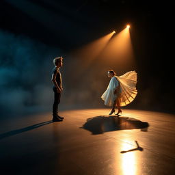 A dimly lit dance stage with dramatic spotlights casting long shadows on a polished floor, layered with subtle, hazy textures of mist for an ethereal atmosphere