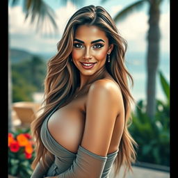 An alluring woman with prominent features, showcasing big boobs in a glamorous and confident pose
