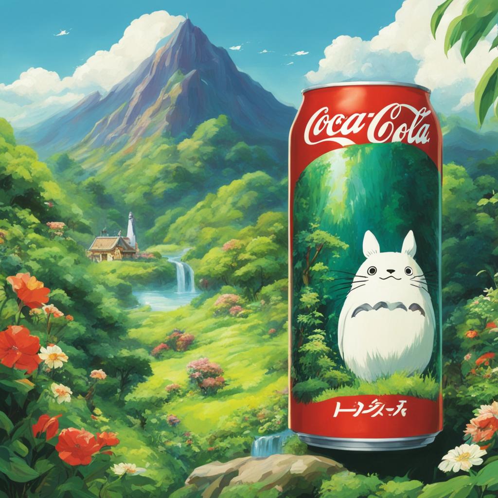 Studio Ghibli style advertisement featuring a Coca-Cola can in a lush landscape with Ghibli characters admiring it.