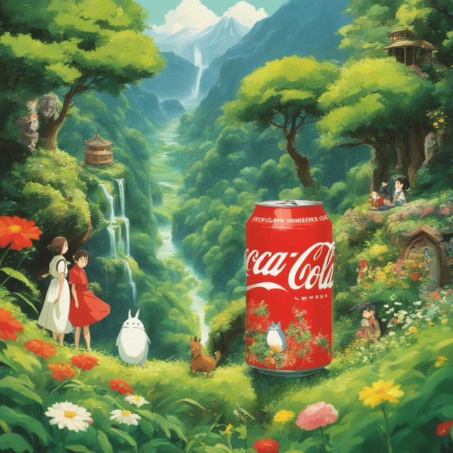 Studio Ghibli style advertisement featuring a Coca-Cola can in a lush landscape with Ghibli characters admiring it.