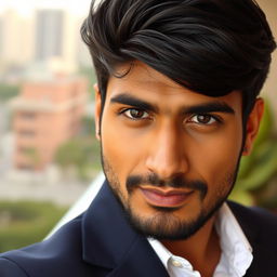 A very handsome 35-year-old Indian man with a strong jawline, deep brown eyes, and a well-groomed beard