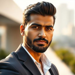 A very handsome 35-year-old Indian man with a strong jawline, deep brown eyes, and a well-groomed beard