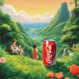 Studio Ghibli style advertisement featuring a Coca-Cola can in a lush landscape with Ghibli characters admiring it.