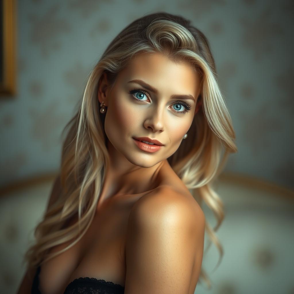A beautiful Russian woman with blonde hair, with a standard ideal appearance, posing semi-nude