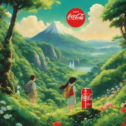 Studio Ghibli style advertisement featuring a Coca-Cola can in a lush landscape with Ghibli characters admiring it.