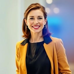 A 40-year-old European woman, depicted as half-length, dressed stylishly