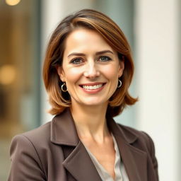 A 40-year-old European woman, depicted as half-length, dressed stylishly