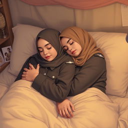 A tender scene depicting two young women in hijabs, both wearing stylish military police uniforms, peacefully sleeping in each other's arms in a cozy bedroom