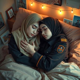 A tender scene depicting two young women in hijabs, both wearing stylish military police uniforms, peacefully sleeping in each other's arms in a cozy bedroom