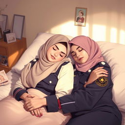 A tender scene depicting two young women in hijabs, both wearing stylish military police uniforms, peacefully sleeping in each other's arms in a cozy bedroom