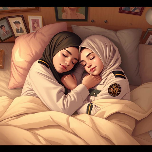 A tender scene depicting two young women in hijabs, both wearing stylish military police uniforms, peacefully sleeping in each other's arms in a cozy bedroom