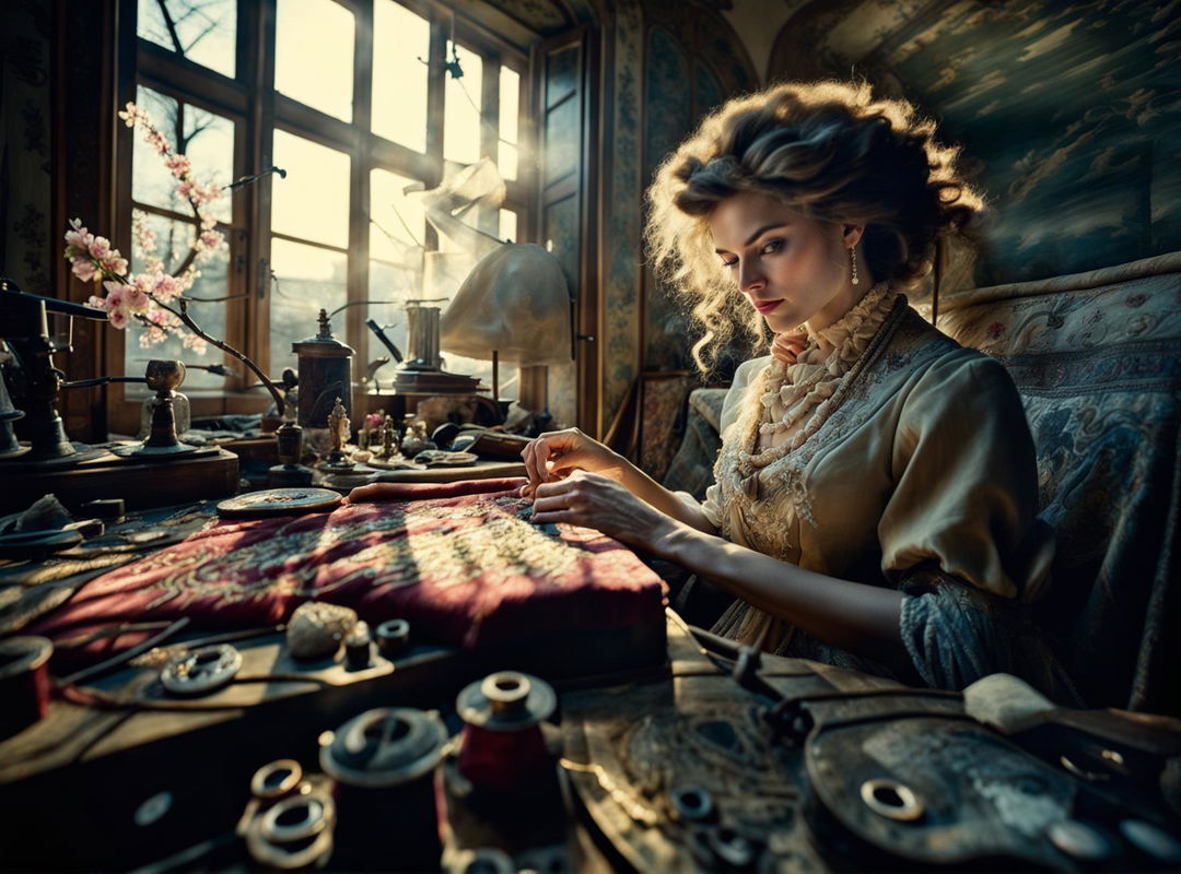 A stunning 30-year-old seamstress in a rococo-style room constructs an otherworldly garment from luxurious silk, gemstones, and 17th-century French embroidery