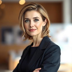 A 40-year-old European woman, depicted in a half-length portrait, wearing stylish clothing