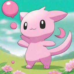 Illustrate a playful scene with the Pokemon Mew in a lovable and humorous act of mogging, demonstrating personality and charm