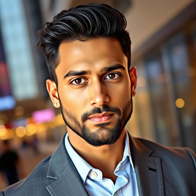 A portrait of a very handsome Indian man aged 35, with strong facial features, deep brown eyes, and a well-groomed beard