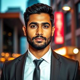 A portrait of a very handsome Indian man aged 35, with strong facial features, deep brown eyes, and a well-groomed beard