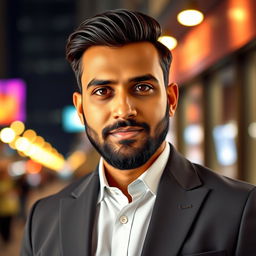 A portrait of a very handsome Indian man aged 35, with strong facial features, deep brown eyes, and a well-groomed beard