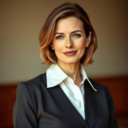 A 40-year-old European woman depicted in a half-length photograph, dressed elegantly