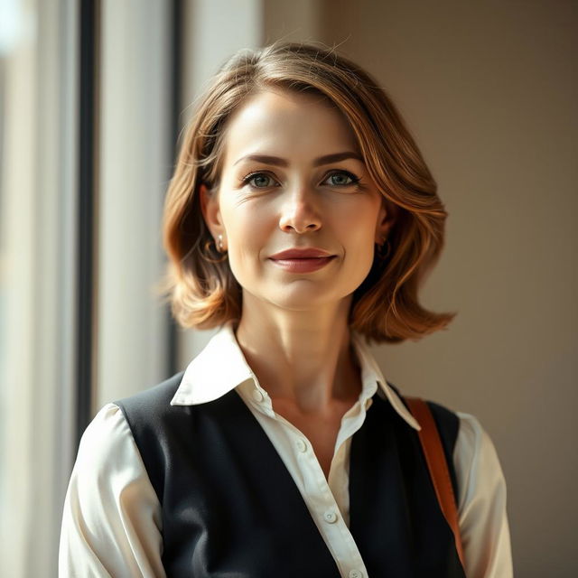 A 40-year-old European woman depicted in a half-length photograph, dressed elegantly